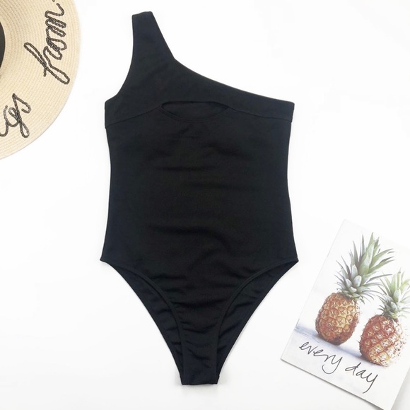 one shoulder cut out ribbed monokini black - Picture 3 of 8